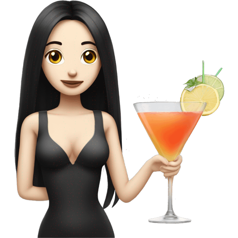 Pale girl with long black hair with chest holding cocktail emoji