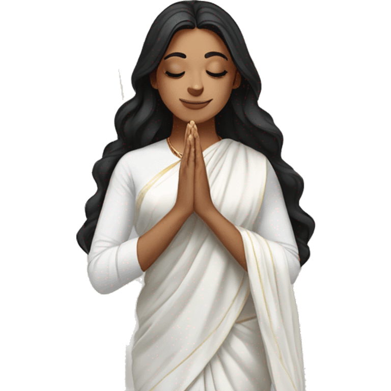 Light skin ;Black long hair wearing white saree praying infront a white temple emoji