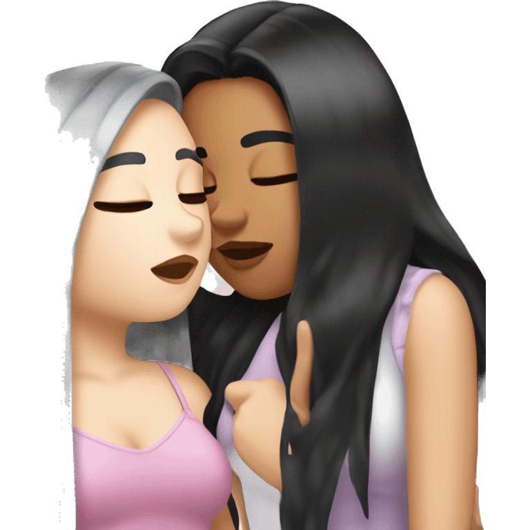 A girl kissing another girl on the cheek, both are blushing. They both have white skin and long black hair emoji