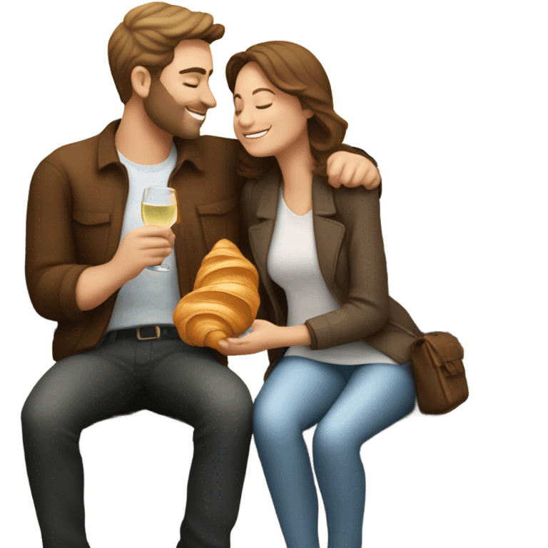 couple of white people with brown hair, sitting closely on a park bench, enjoying a romantic moment. One person is holding a croissant, and the other is holding a glass of Prosecco.  emoji