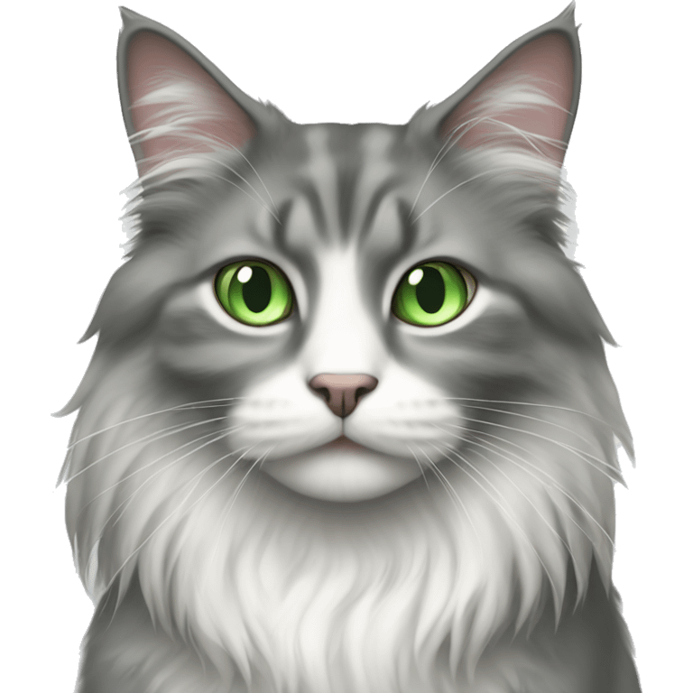 grey and white longhaired cat with green eyes emoji