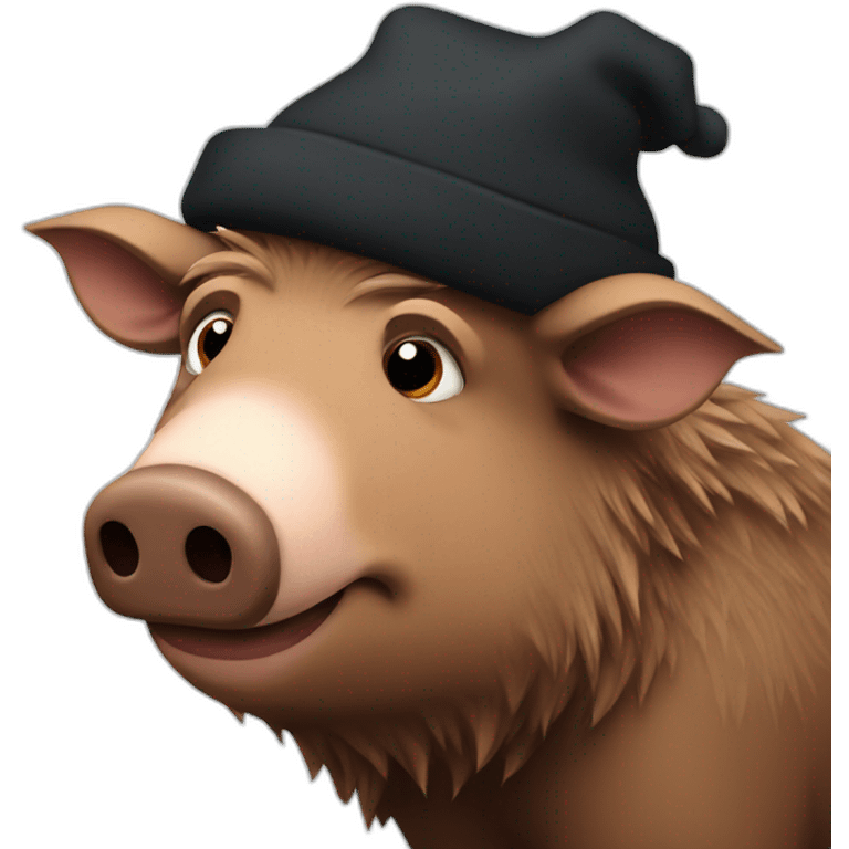 Really sad brown boar in a black winter hat emoji