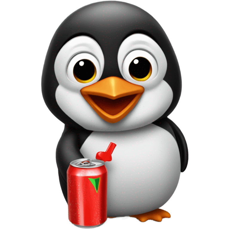 Red Penguin standing looking up excited while holding a Red mountain dew drink in his hand emoji