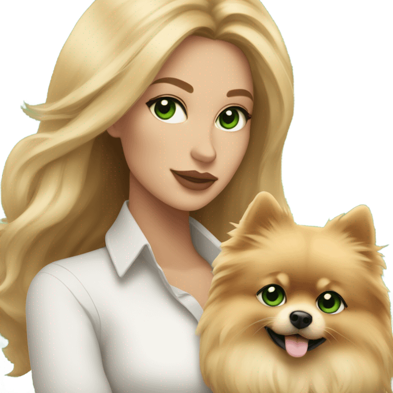 Blonde balayage long hair women with green eyes holding a Pomeranian  emoji