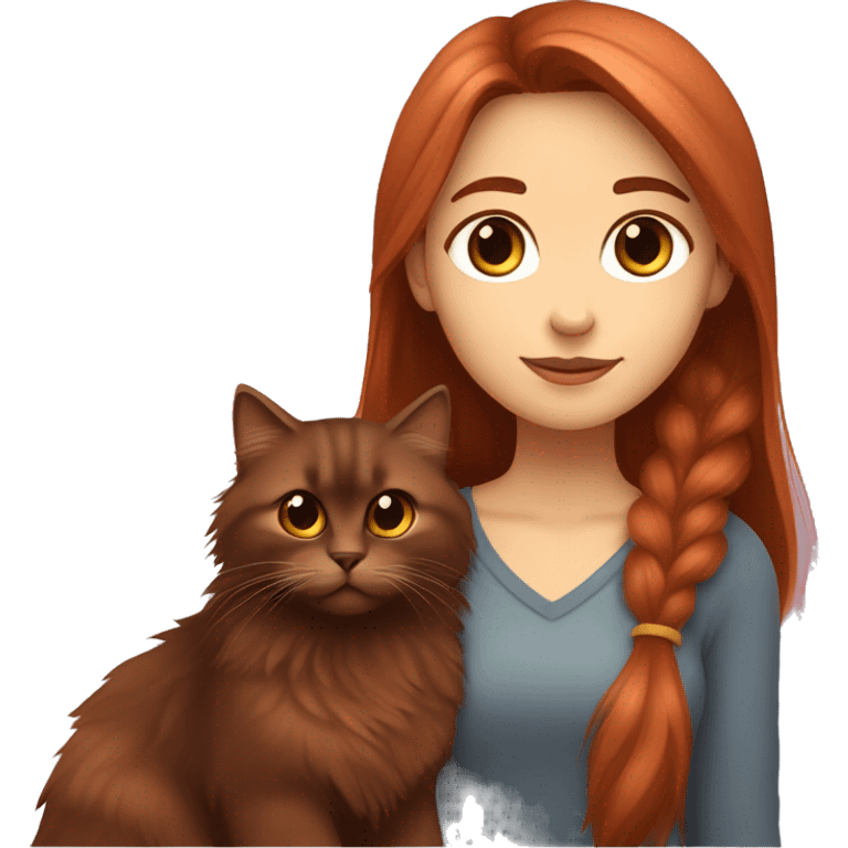 Copper red straight haired girl with dark  brown eyes hugging a fluffy dark brown Siberian cat emoji