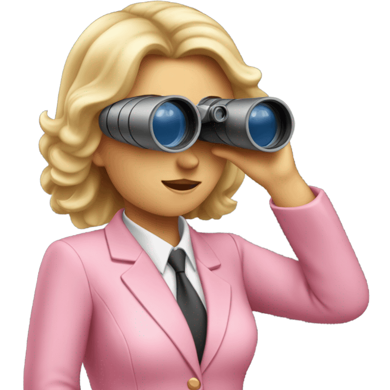 white female employee in pink suit using binoculars with loose hair emoji