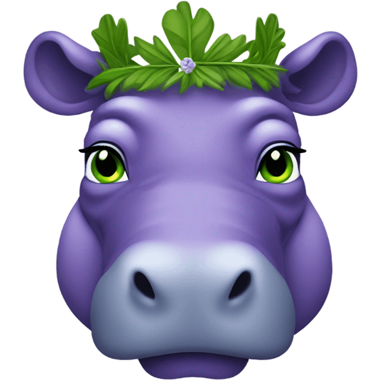 Purple hippopotamus with green eyes and a laurel wreath on its head emoji