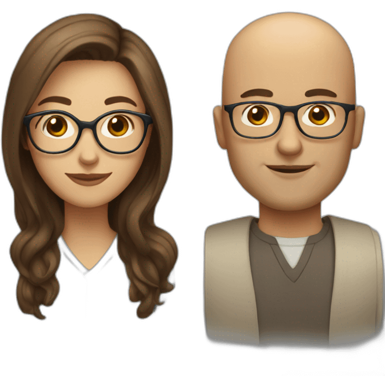 couple woman with long brown hair and bald man with glasses emoji