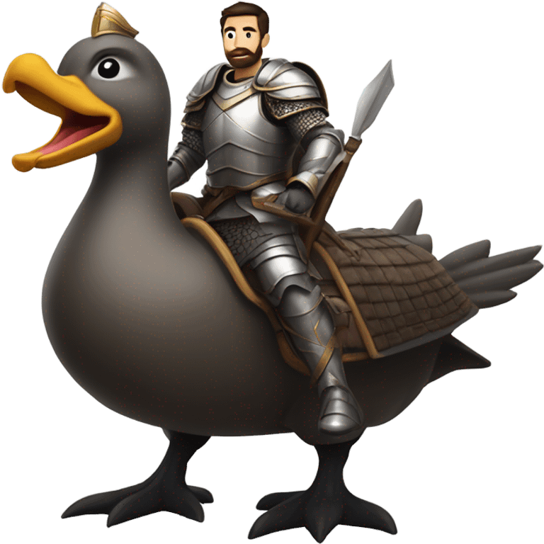 Confident armored White Man with dark brown hair and a short beard riding on the back of a giant armored duck pointing forward with one arm yelling a battle charge emoji