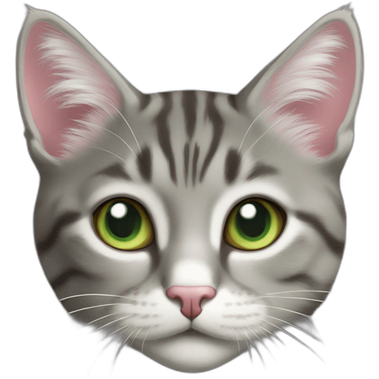 Tabby gray cat with white mouth and white fur above nose and pink nose and light green eyes emoji