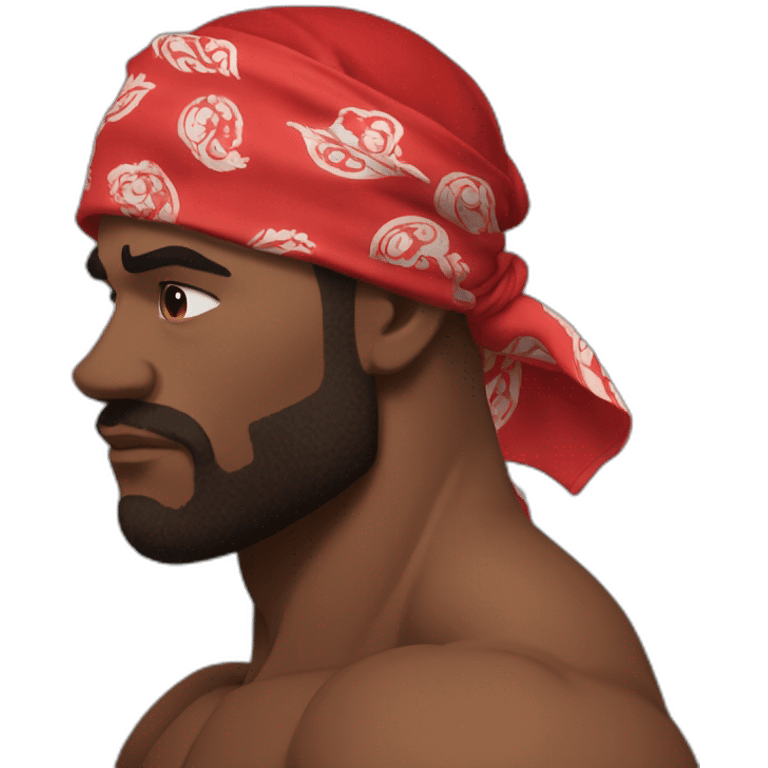 muscular man in red bandana standing sideways turns his head to face the viewer,his hand is bent in the elbow,torso emoji