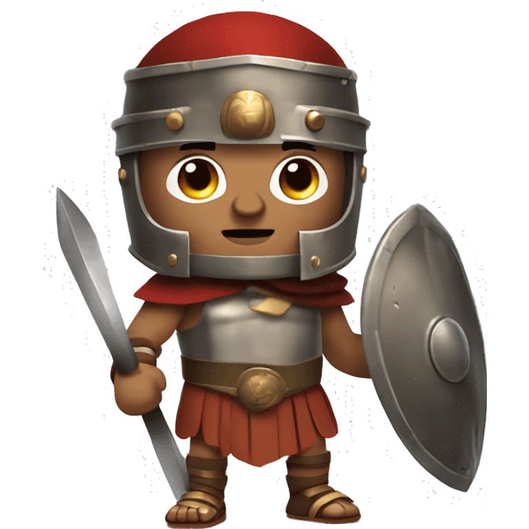 Create an emoji of a Roman gladiator, wearing a bronze helmet with a face guard, a short tunic, and holding a sword and shield. He has a fierce expression and battle scars, ready for combat. emoji