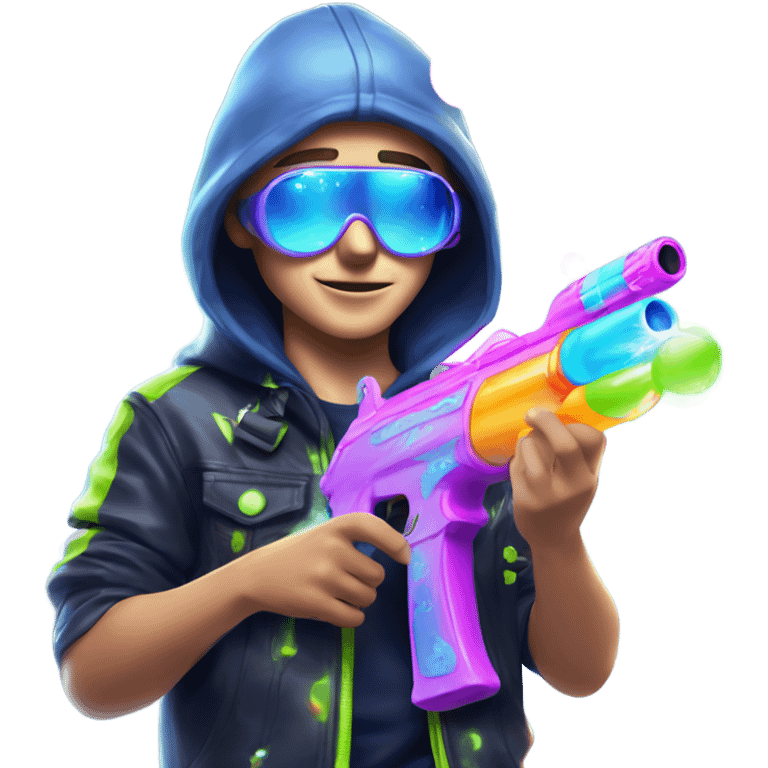 Caucasian boy in glowing rave outfit with mask, sunglasses, and headgear, shooting bubbles out of a water gun emoji