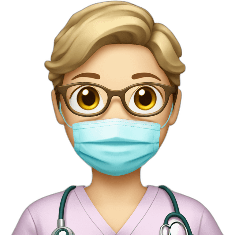 A single smart nurse with scrub suit with golden glasses with short brown hair with fair skin with rosy lip emoji