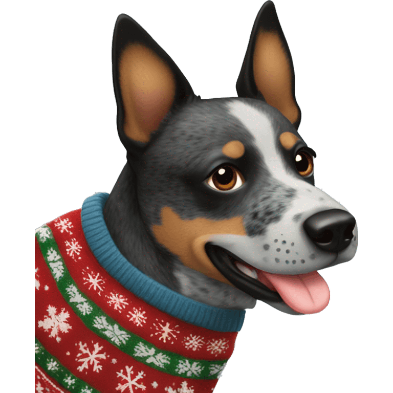 Queensland blue heeler with black and brown patch on side of face in a Christmas sweater  emoji