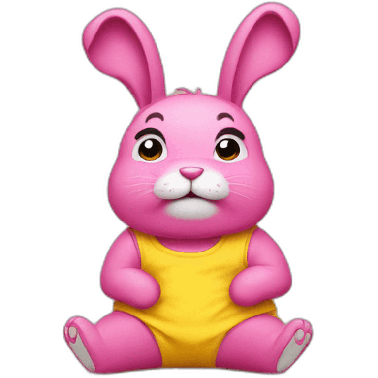 Pink rabbit crying hard, wears yellow teeshirt emoji