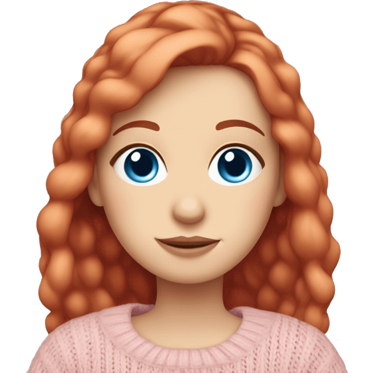 Pretty blue eyed white girl with red hair and light pink sweater reading cozy emoji