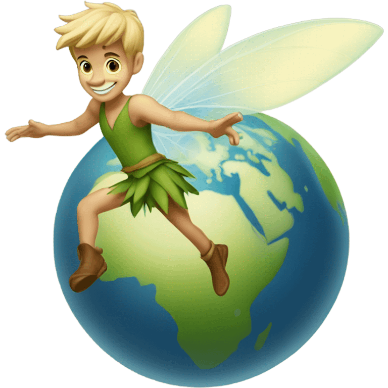 Tinker Bell as man flying wagging her wand over Globe emoji