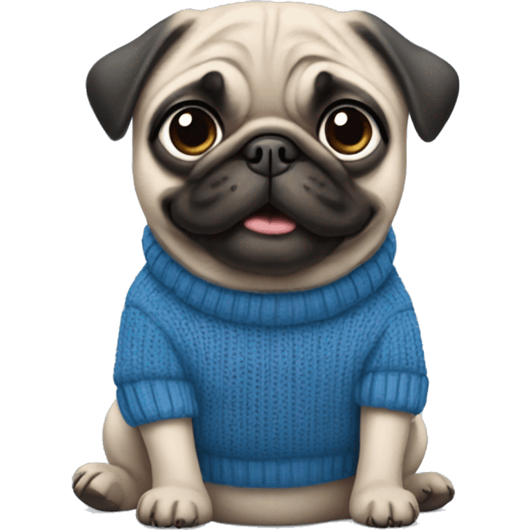 pug wearing blue sweater with ships like a princess Diana emoji