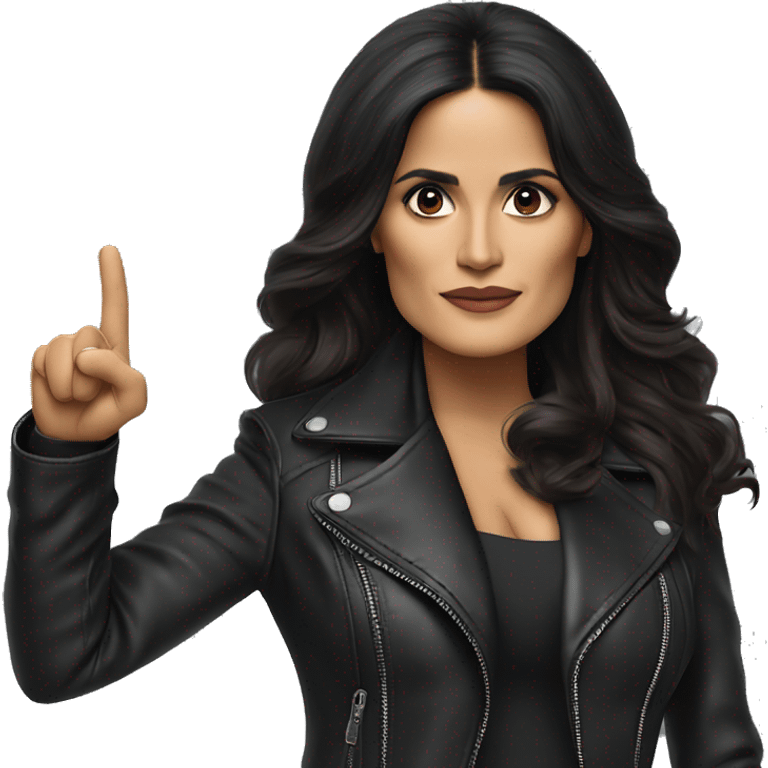 Salma Hayek wearing leather jacket, pointing forward with her pointer finger emoji