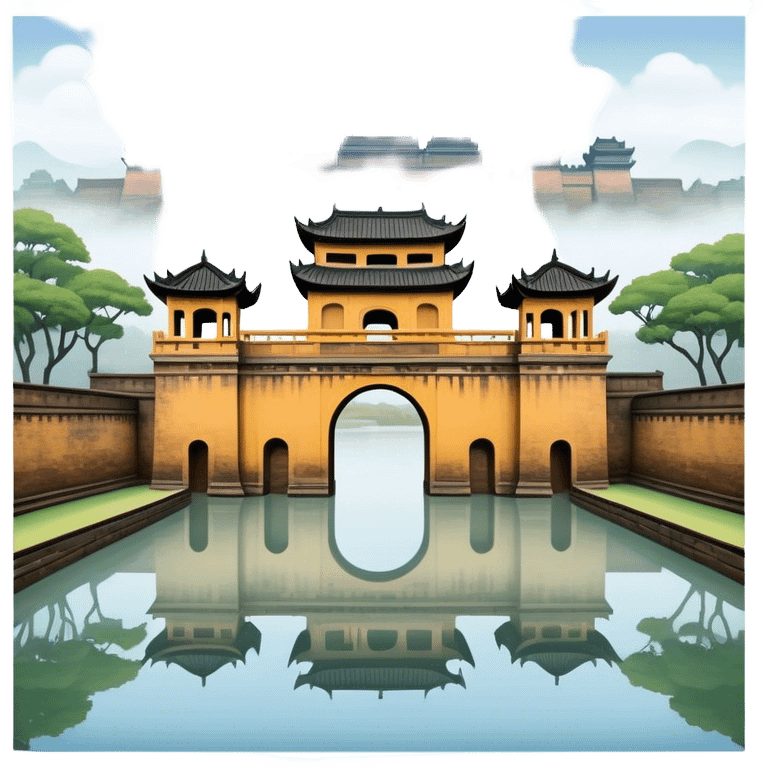 Cinematic Realistic Imperial City of Hue Landmark Emoji, capturing the ancient citadel’s weathered walls, intricate gates, and traditional Vietnamese architecture, surrounded by a misty, tranquil moat. emoji