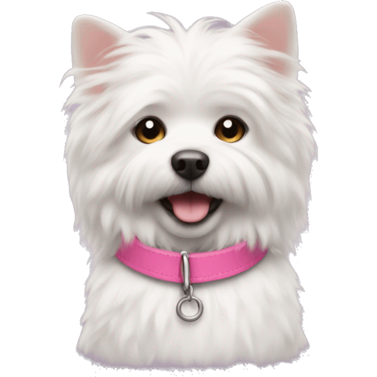 a small white fluffy dog with a pink collar  emoji