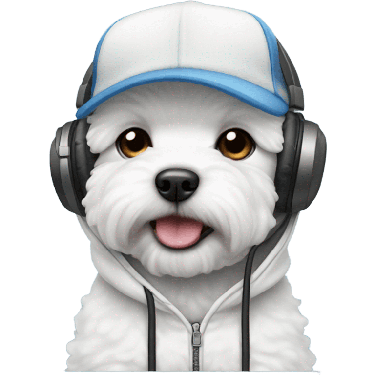 A Bichon wearing a baseball cap and headphones and a hoodie  emoji