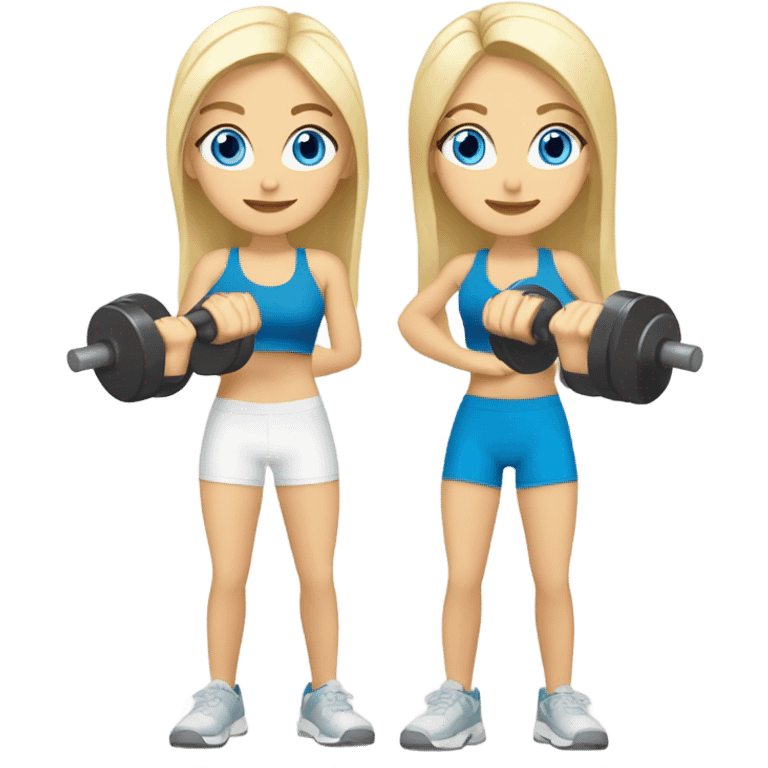 Two white blonde girls with blue eyes lifting weights together emoji