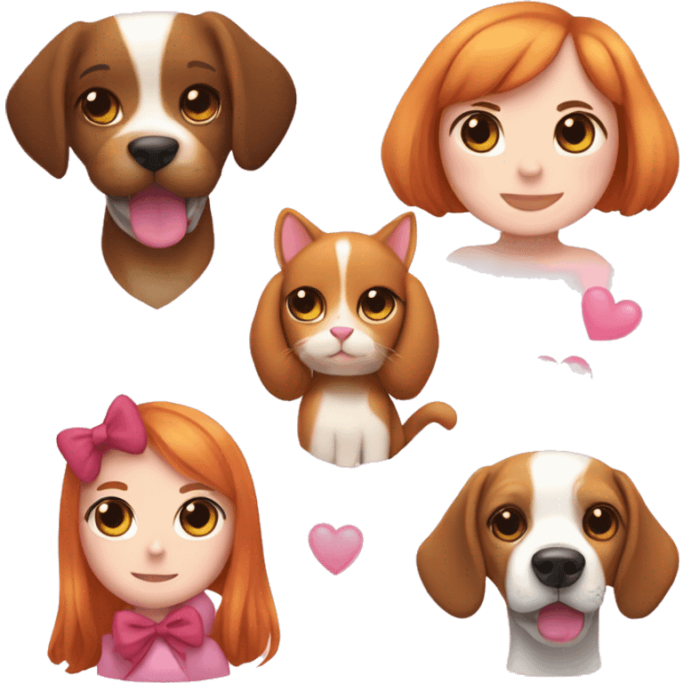 A pink heart. A beagle in the arms of a girl with brown hair. A red cat and a black cat with a girl with brown hair. Pink bow emoji