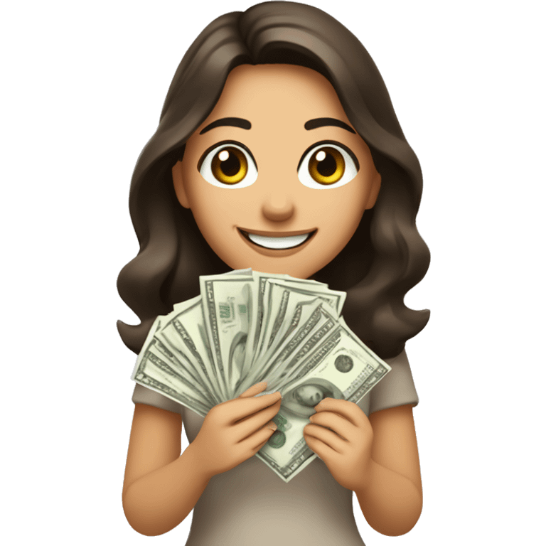 brunette girl with brown eyes with a beautiful smile holds paper dollars in her hands emoji