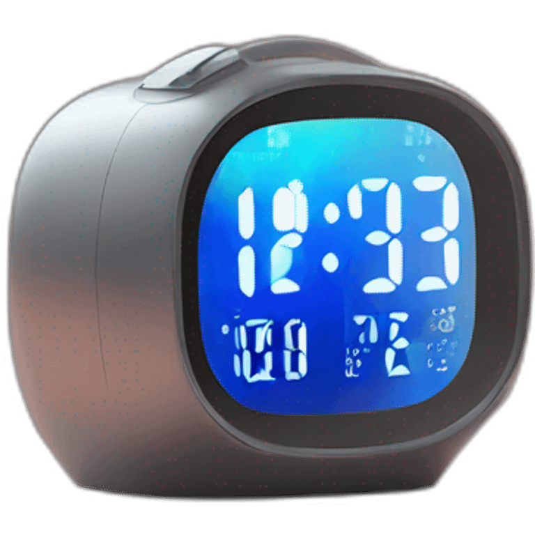 Create a sleek, modern alarm clock with a holographic display, set on a nightstand in a futuristic bedroom emoji