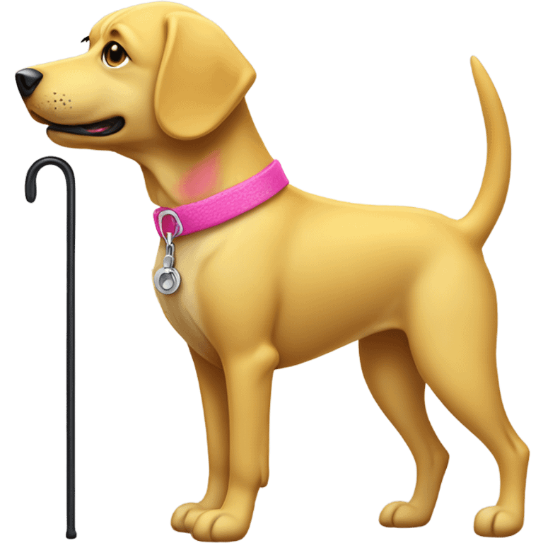 Yellow dog with a pink collar with a cane for the blind emoji