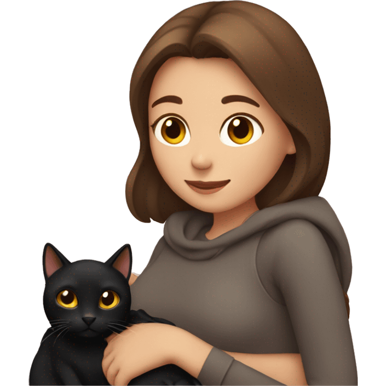 Girl with brown hair hugging a black cat emoji