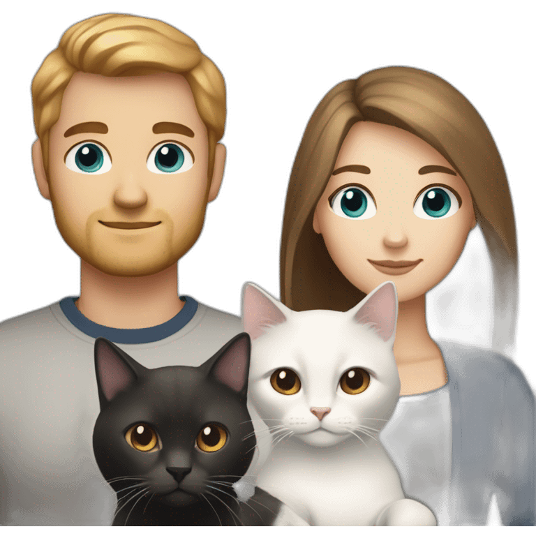 white female with blue-gray eyes and long hair with white male with brown bob hair and brown eyes holding black cat emoji