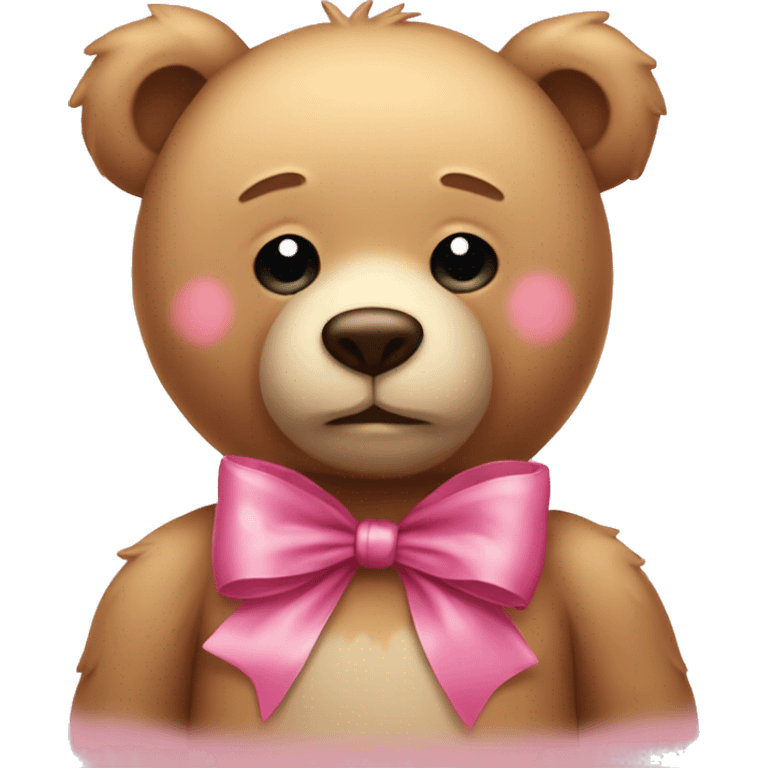 Sad teddy bear wearing pink bow with tears from eyes emoji