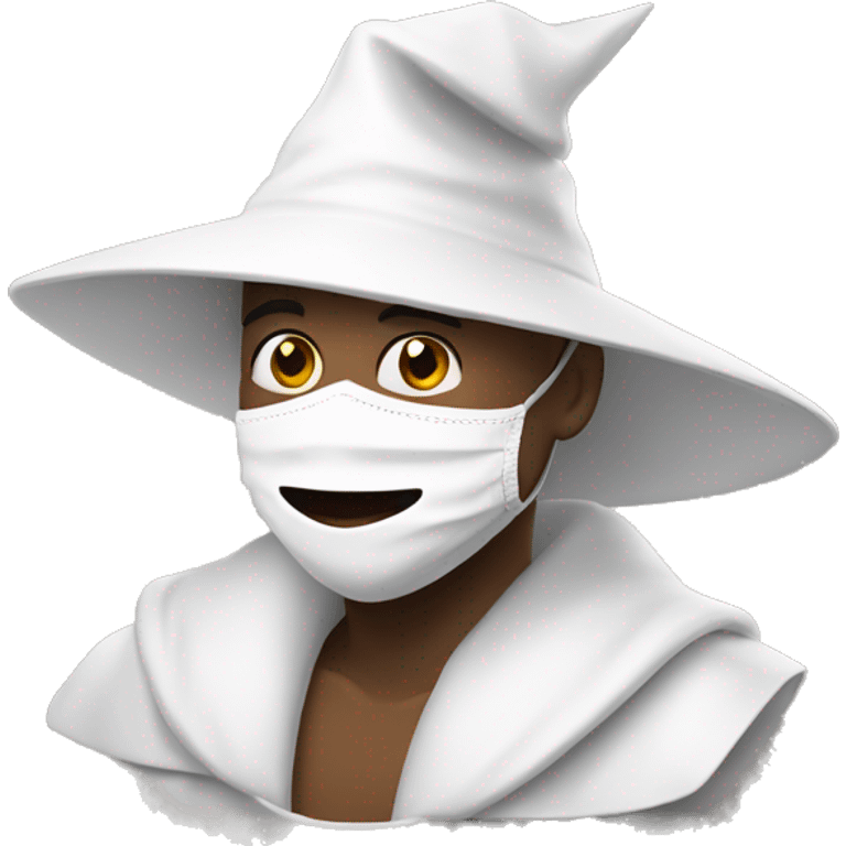 Make a guy in a white robe with a white mask and a triangle pointy hat smiling emoji