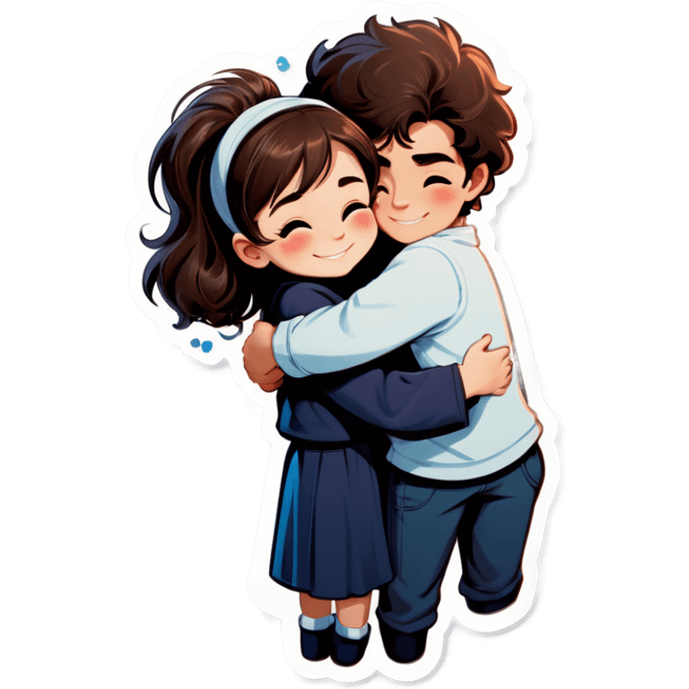 a light brunette girl and a dark brown fluffy hair boy hugging  emoji