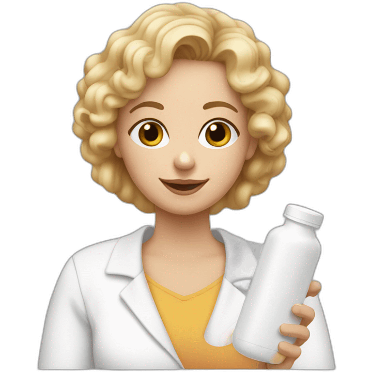 mom with hazel eyes, blond semi curly hair,  holding a white pill bottle in hand emoji