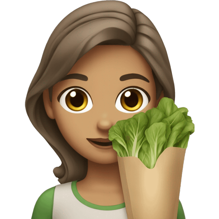 girl with brown hair light tan skin and brown and green eyes eating tender greens emoji