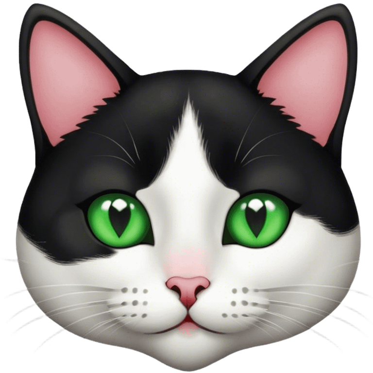 a black and white cat with heart-shaped nose and green eyes emoji