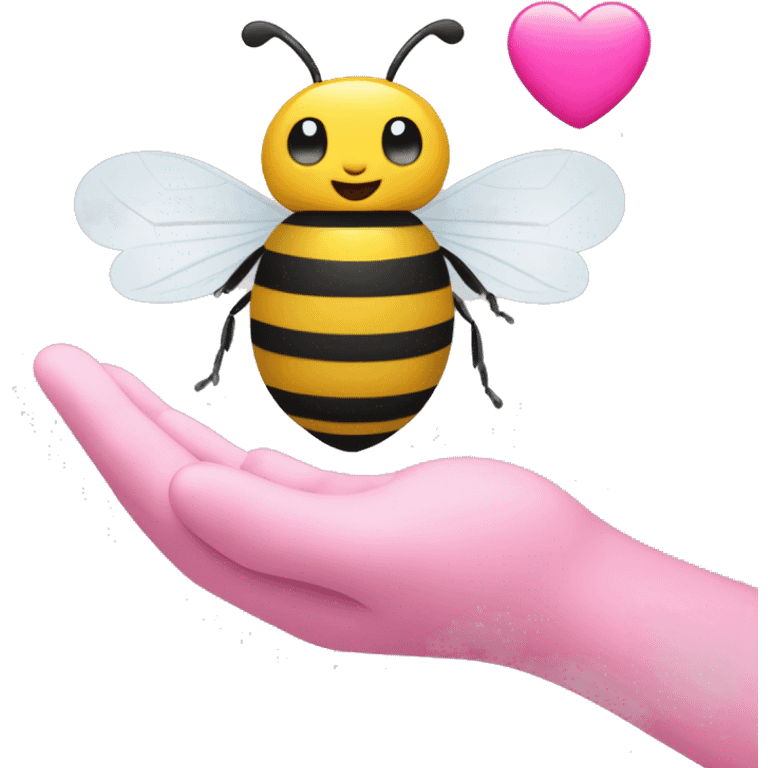 a bee sat on someone’s palm with a pink heart emoji