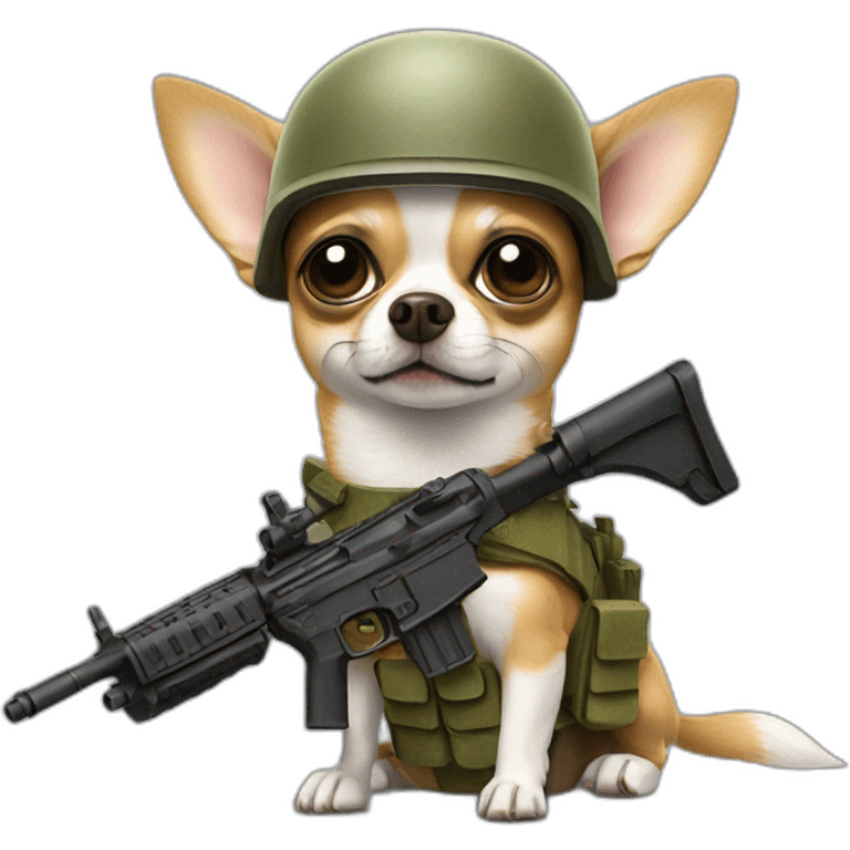 chihuahua with military helmet and a rifle on his hands emoji