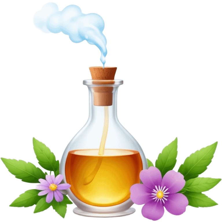 Perfume making icon, delicate glass bottle being filled with colorful essential oils from droppers, swirling mist rising from the bottle, flowers and herbs nearby, minimalistic style, clean lines, transparent background. emoji