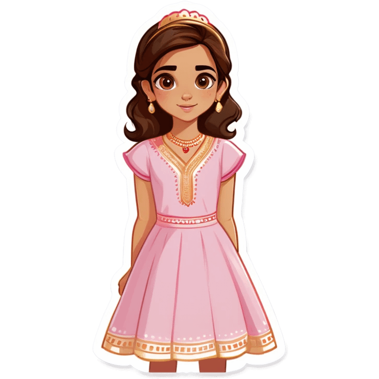 An Indian girl in a cute light pink dress with a medium length brown hair with brown golden eyes with a bit of coquette  emoji