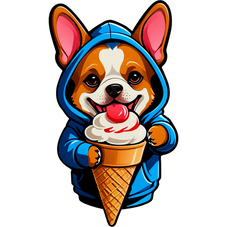 Dog earing a hoodie with an icecream emoji