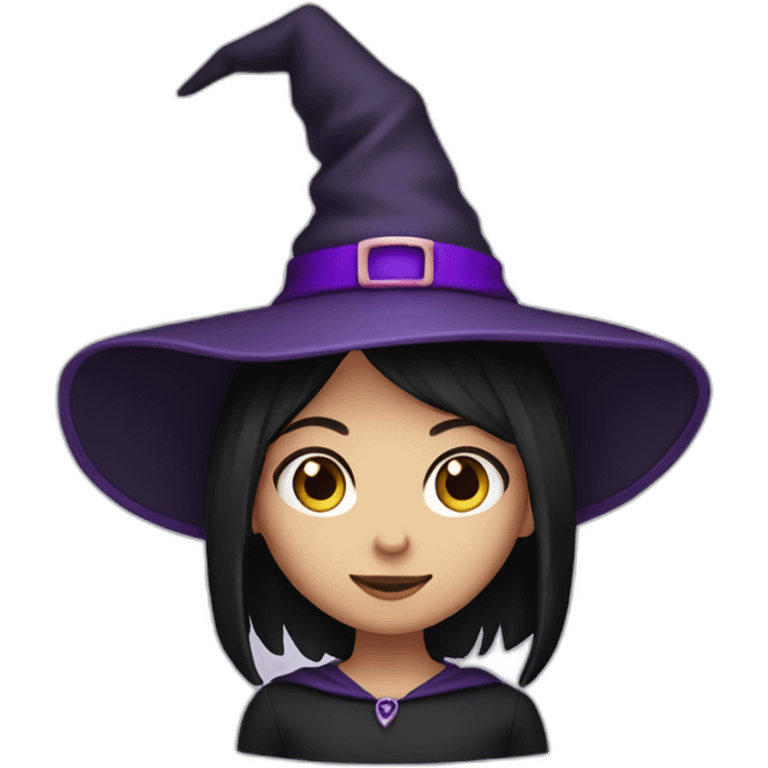 a young white-brown thin girl with straight black hair dressed as a witch with purple hat emoji