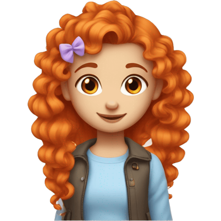 a Small girl with saturated orange hair that is curly and long but with a smaller pony tail on the said with a pink heart hair clip. blue eyes emoji