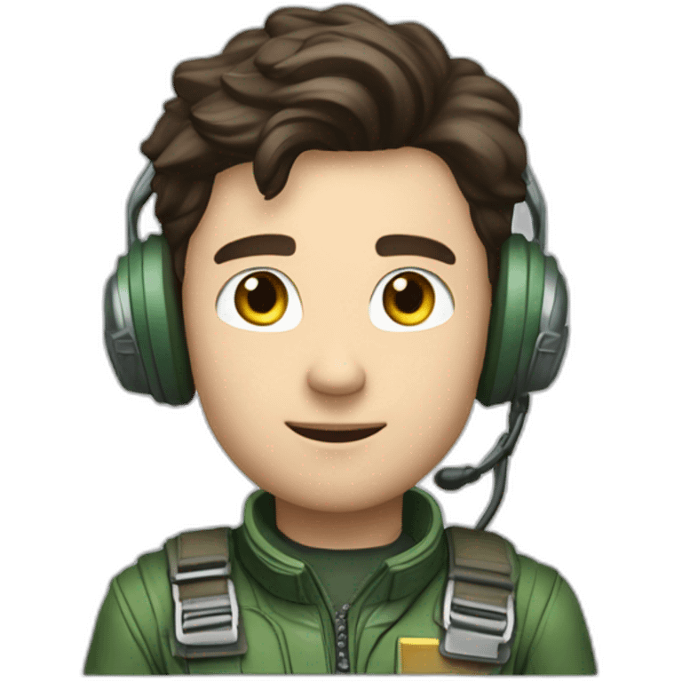 A young white male tennager with dark brown hair and brown eyes in a pilot suit and wearing a green Pilot headset emoji