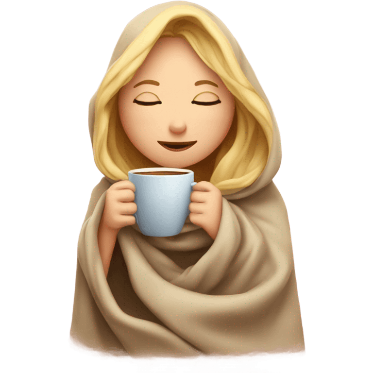 Blonde girl inside a blanket sipping coffee eyes closed emoji