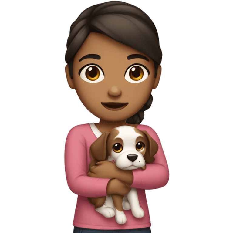 A girl with a mixed skin tone and dark brown hair with a bow and a puppy in her arms emoji